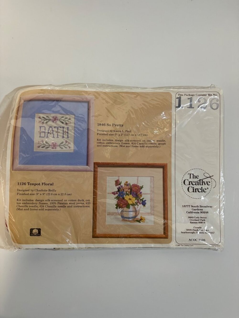 The Creative Circle 1126 Teapot Floral Needlepoint Kit 9" x 9" Cotton Duck 1987